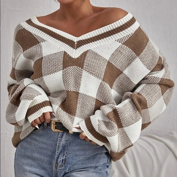 SHEIN Sweaters - 2000s Y2K Soft Brown Medium Buffalo Plaid Sweater V Neck Baggy Retro Shein